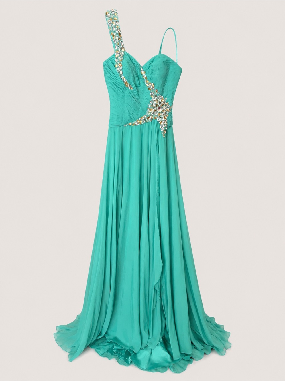 Teal One-Shoulder Embellished Evening Gown